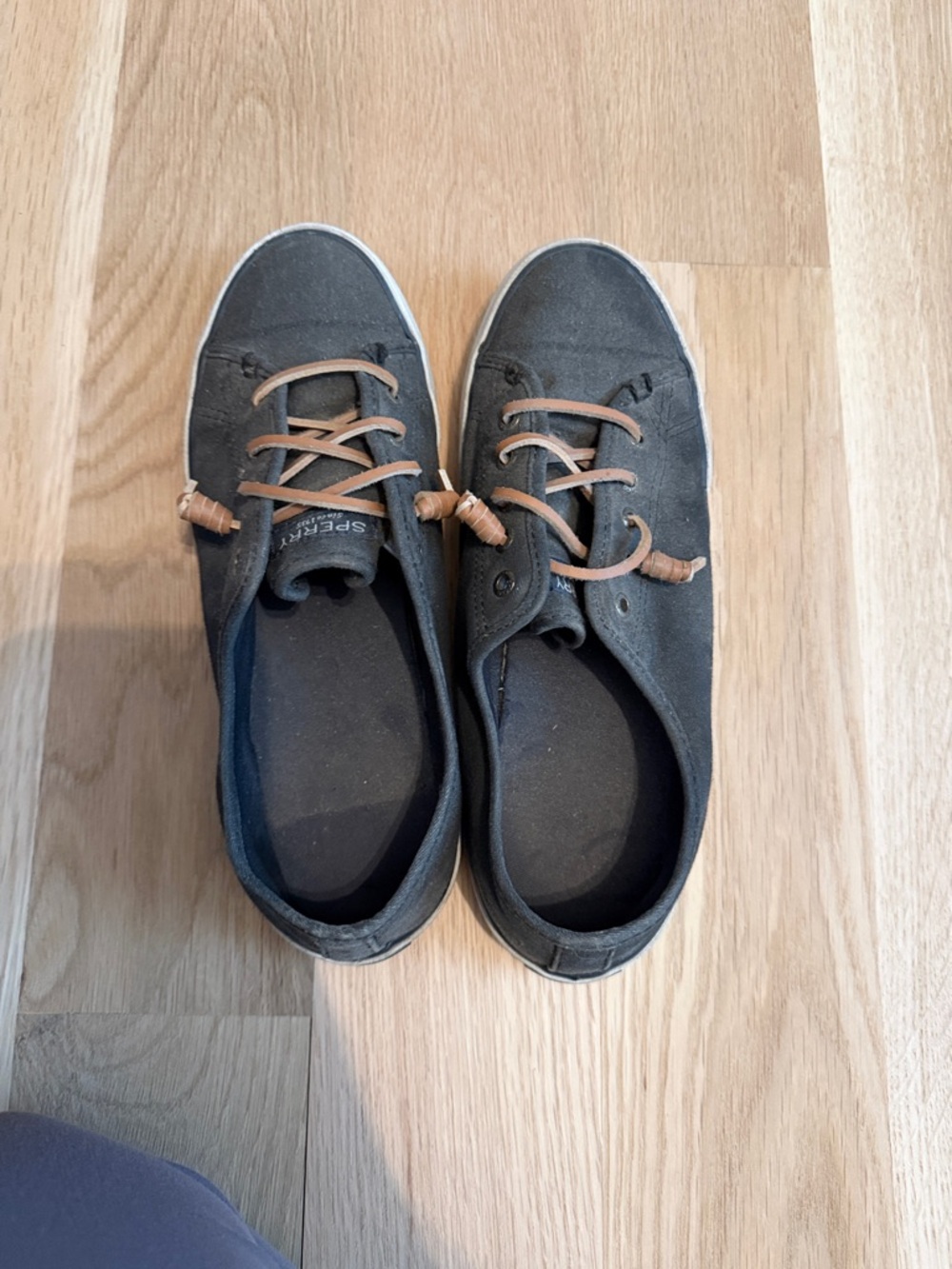 Sperry Black Canvas Boat Shoes with Tan Lace Accents